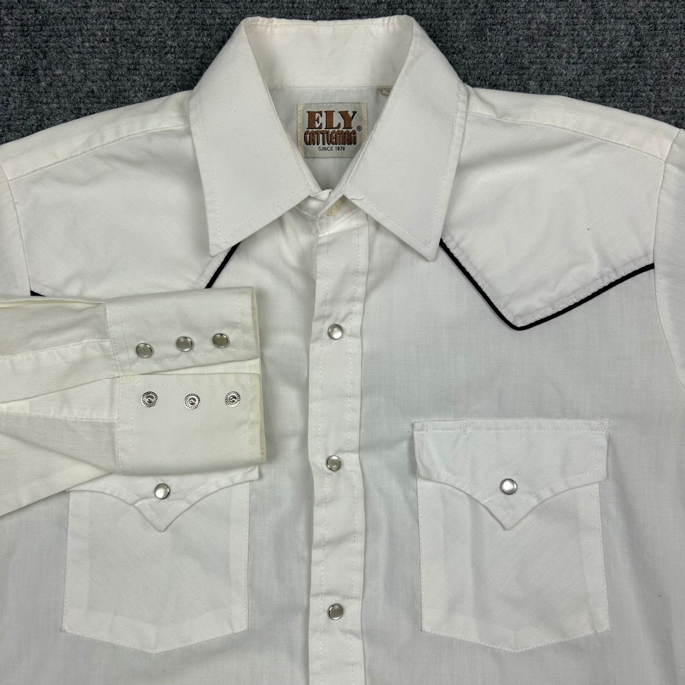 Ely Cattleman Western Pearl Snap Shirt Mens Small White Piping Yoke Long Sleeve